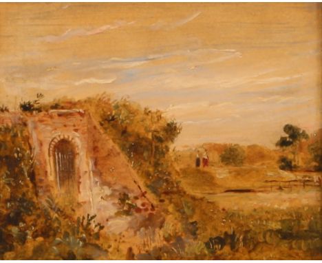 Attributed to Thomas Churchyard, landscape study depicting figures on a path with nearby gate, oil on board, inscription vers