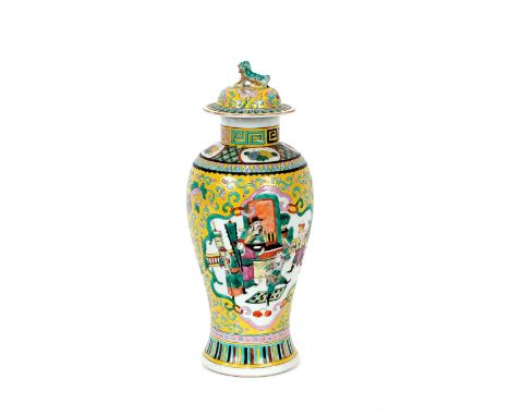 A Chinese famille jaune baluster vase, the cover surmounted by a Kylin finial decorated with scenes of warriors in interiors,