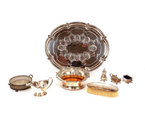 A silver cream jug,&nbsp;Birmingham 1929; a Sheffield plated coaster; a silver three piece cruet Birmingham 1931; a silver ba