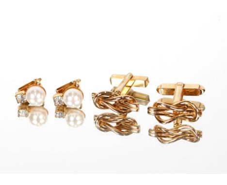 A pair of 9ct gold cuff-links, approx. total weight 9.8gms; and a pair of simulated pearl clip-on ear-rings