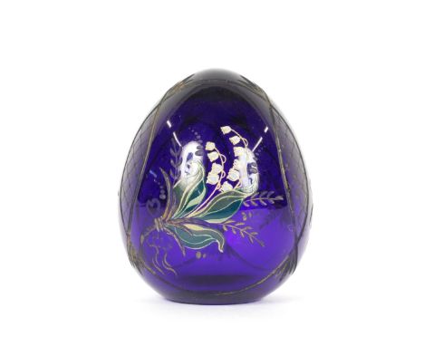 Fabergé, blue glass egg with enamelled and engraved decoration of lilies of the valley, label to base, 6.5cm high