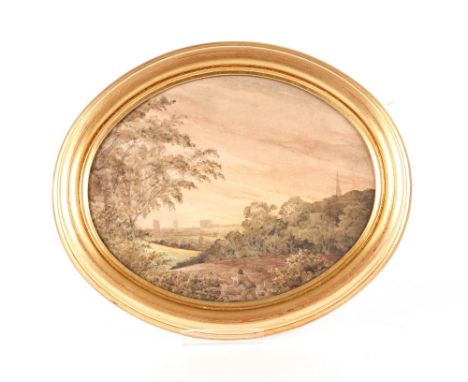 19th Century school, oval study depicting a figure leaning on a gate reading with town in the far ground, possibly Norwich, u