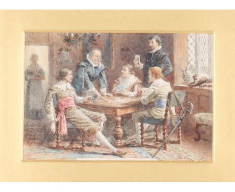 George Goodwin Kilburne, a pair of studies depicting gentleman and ladies playing cards, initialled watercolours, 8cm x 12cm&