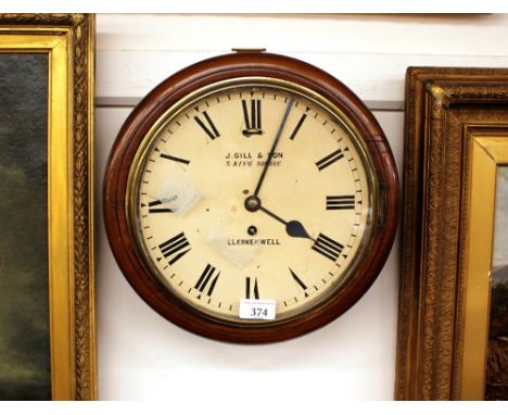 A Victorian mahogany cased drop dial wall clock, having single fusee movement, the circular enamel Roman numeral dial, stampe