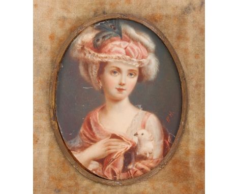 19th Century school, portrait study of a young beauty wearing fur trimmed and feather hat, holding a small bird, initialled P