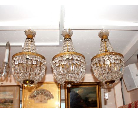 Three cut glass and gilt metal mounted baguette pendant light fittings&nbsp;