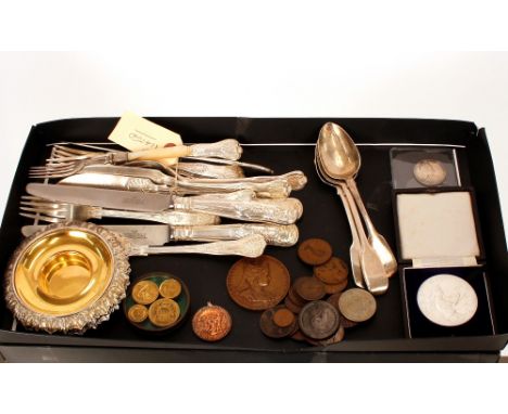 A miscellaneous collection to include, three Victorian dessert spoons, circa. 1840's London, one by George Angel; a silver co