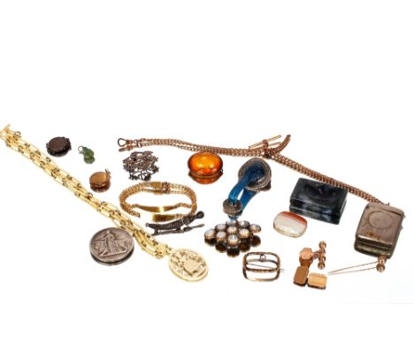 A quantity of miscellaneous jewellery to include a vesta case; watch chain; cuff-links' brooches; and The Great War medal
