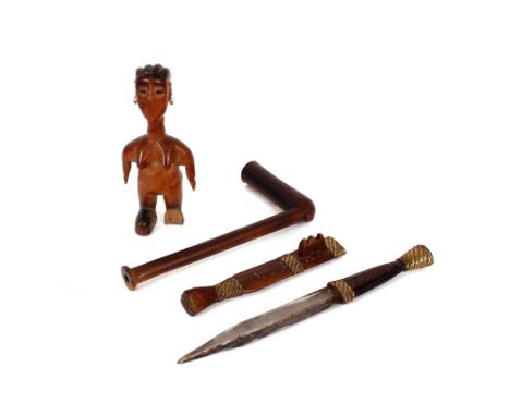 A Shona Dagger, Zimbabwe with a stepped iron blade, brass wire bound handle and sheath, 29.5cm; a Zulu wood pipe of typical f