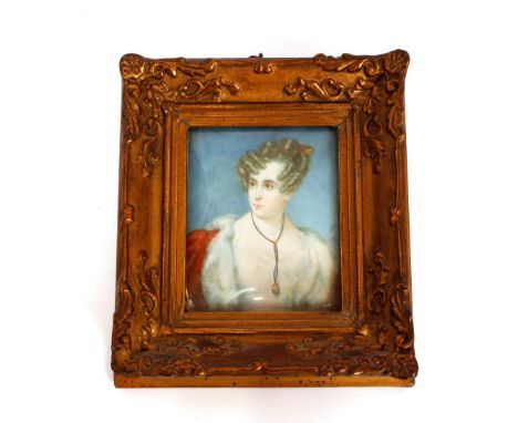 19th Century school, miniature portrait study depicting a lady in fur trimmed cloak wearing a portrait pendant, 9.5cm x 7.5cm