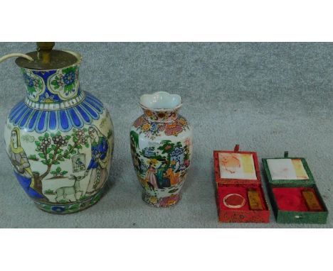 A collection of oriental items including, a pair of hardstone chinese chops, an indian hand painted vase lamp base and Chines