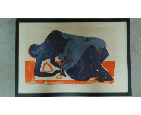 A 20th century framed abstract coloured lithograph, titled 'The Holy Female' indistinctly signed by artist, 1984. Artists pro