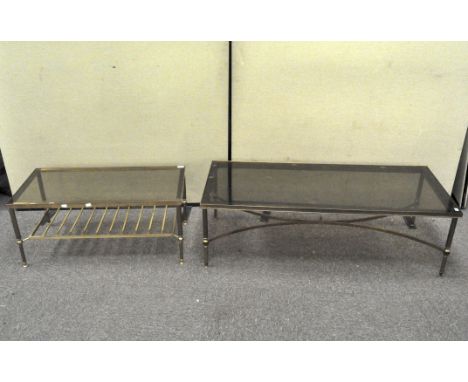 Two vintage brass coffee tables, each of rectangular section with reeded column legs, one with lower shelf, the other joined 