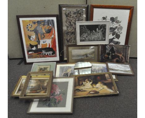 A quantity of framed pictures, including watercolour landscapes, oils, prints and a tapestry needlework, together with a mirr