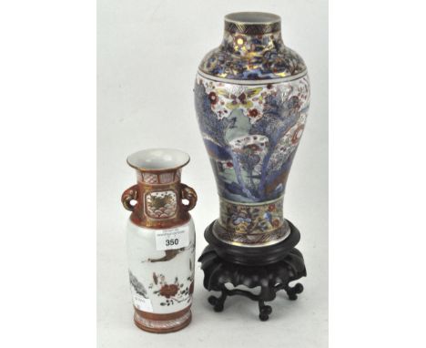 A clobbered Chinese porcelain baluster vase on carved wood stand, with red character mark and a small Japanese satsuma vase w