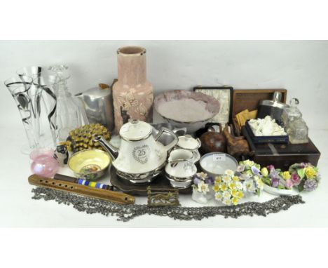 A large collection of assorted collectables, to include ceramics, Adderley floral flower posies, a hip flask, glass decanter 