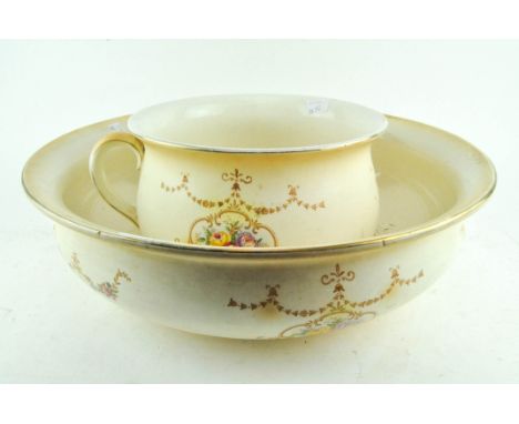 A Royal Crown Ducal part wash set, circa 1900, comprising a chamber pot, 42cm diameter and large basin, with blush ivory grou