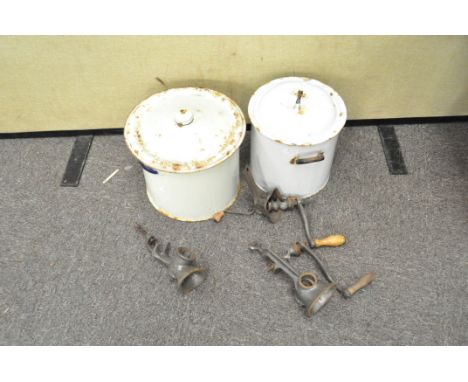 Two vintage enamel lidded pots, one marked flour, largest 26cm high, together with numerous other kitchenalia related items, 