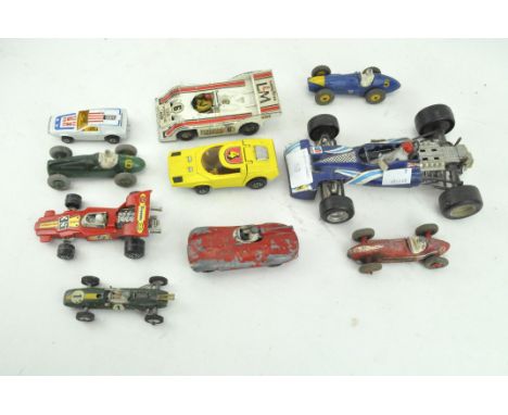 A selection of die cast model vehicles, including Corgi, Porche, Audi, racer Dinky toys, Ferrari and more (10)