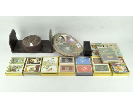 Assorted playing cards and other collectables, Chinese cinnabar lidded pot of circular form, mother of pearl shell and more