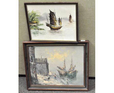 Two framed oil maritime paintings, the first probably Chinese, oil on board, the second oil on canvas signed Morea, 49.5 cm x