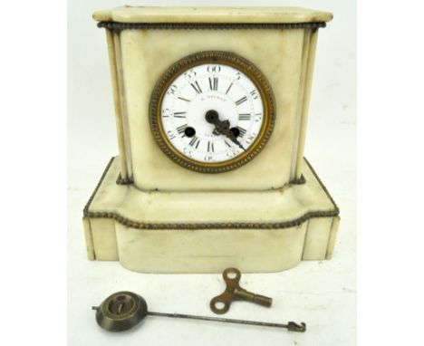 A French white marble mantel clock by H Rochat, Paris, with gilt-metal beeded borders, with pendulum and key (lacking glazing