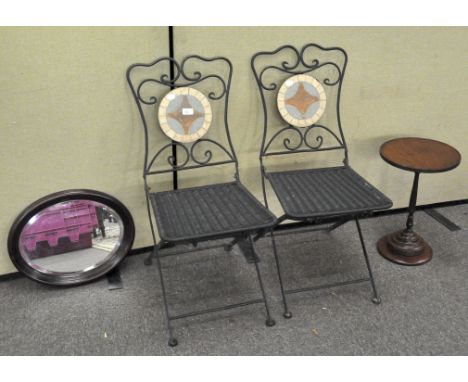 A pair of metal folding garden chair together with a mahogany oval mirror and a small occasional table, largest 81cm high