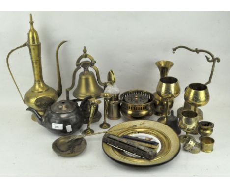 A collection of assorted brassware, including bells, a Turkish coffee-pot and domed cover, a set of scales, pots and covers, 