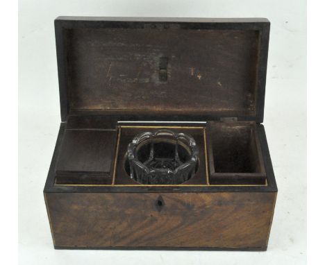 A George III mahogany tea caddy with later glass mixing bowl and fitted hinged caddy-box, 30.3 cm x 13 cm