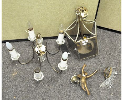 A brass lantern with five glazed panels, 44cm high; together with a five light chandelier and a ceiling light in the form of 