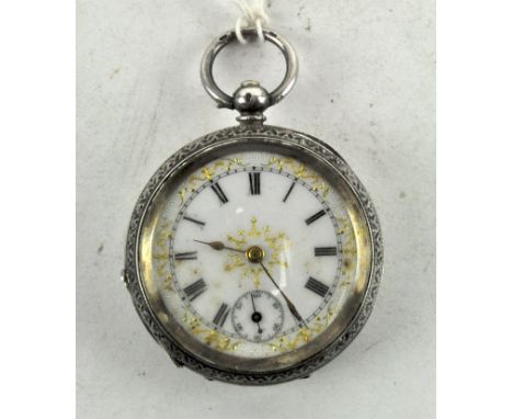 A ladies 935 grade silver fob watch, continental, the enamel dial with gilt motifs and Roman numerals denoting hours