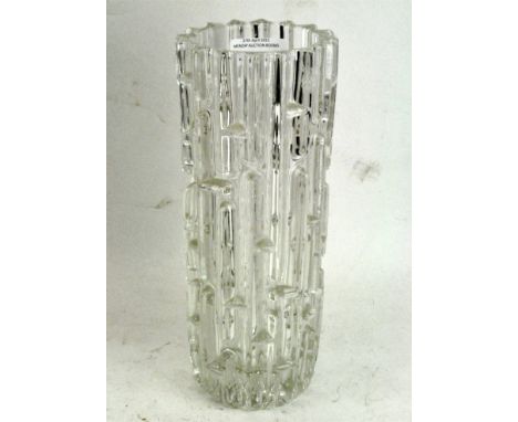 A 1960's Art Glass vase, of tall cylindrical form, moulded with interlocking H pattern, 25 cm high