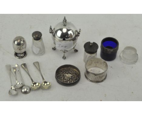 A selection of silver and silver plated wares, to include numerous mustard spoons, napkin ring silver pot lid and more