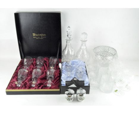 A large collection of assorted cut glass ware, to including Buckingham wine glasses, a Thomas Webb decanter and more