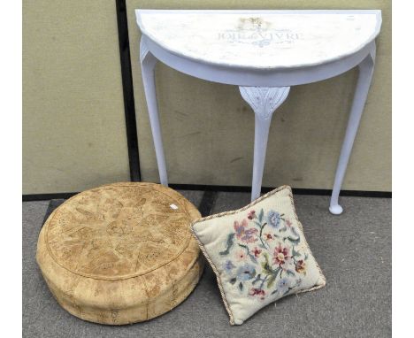 A demi-lune side table, white and blue painted with "Joie de Vivre" writted to top, 73cm high, together with a small pouffe