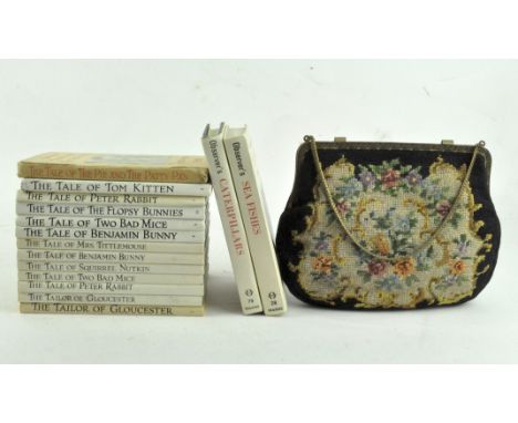 A group of books, including several by Beatrix Potter, including the Tale of Benjamin Bunny; together with a tapestry purse