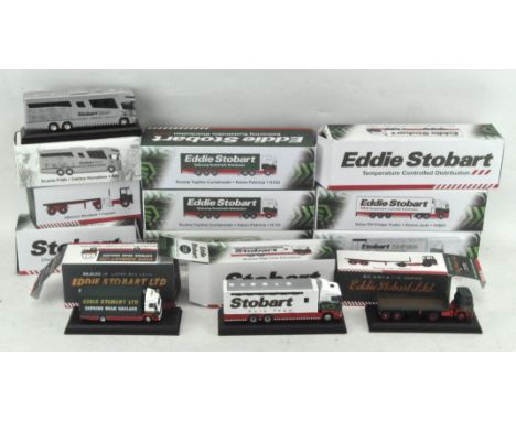 A collection of Atlas editions "Eddie Stobart" scale model vehicles, to include Scania P380/Oakley Horsebox, Volvo FH fridge 