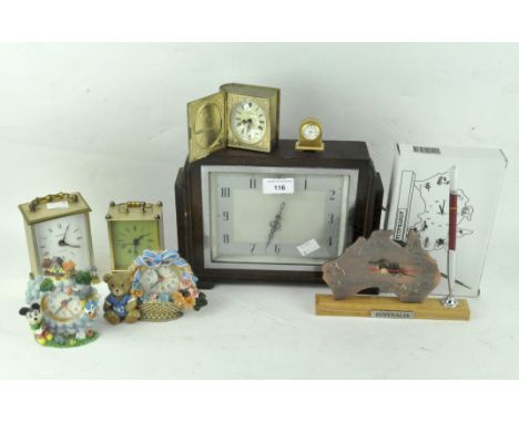 Assorted clocks, including a Smiths mantle clock, the dial with Arabic numerals denoting hours