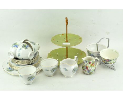 A Colclough bone china part tea set; together with an 'Old Foley' cake stand and other items,  the first printed with blue fl