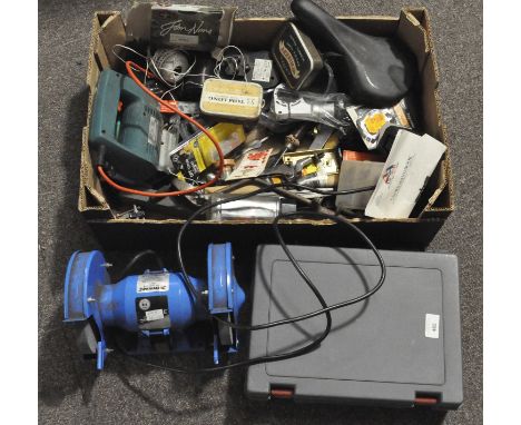 An assortment of tools, to include a 150w silver kine bench grinder, Black &amp; Becker Spartan and other items