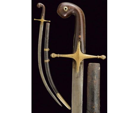 dating: 19th Century provenance: Turkey, Curved, flat, single-edged blade, in damask. Gilded, silver hilt, engraved, horn gri