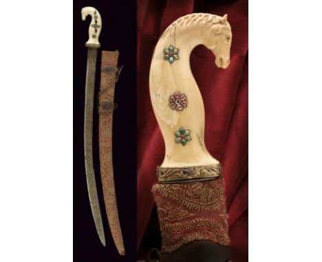 dating: 19th Century provenance: India, Curved, single-and false-edged blade, adorned in bas-relief on both sides, portraying