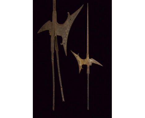 dating: circa 1600 provenance: Germany, Spearhead with straight cusp of lozenge section. Hollowed axe with lugs and two holes
