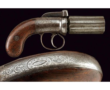 dating: about 1855 provenance: London, Six-shot, 8 mm cal. cylinder-barrel group, fluted and with test-bed stamps; oval frame