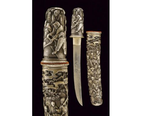 dating: 20th Century provenance: Japan, Single-edged blade with habaki. Grip and scabbard covered with white metal foil and r