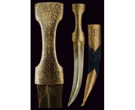 dating: circa 1900 provenance: Turkey, Curved, double-edged blade, ribbed in the center. Iron grip, decorated with golden flo