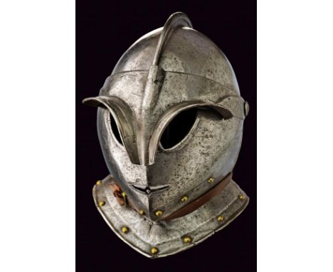 dating: early 17th Century provenance: Piedmont, Skull in two pieces with low comb, double visor with eyebrows, oval eye-slot