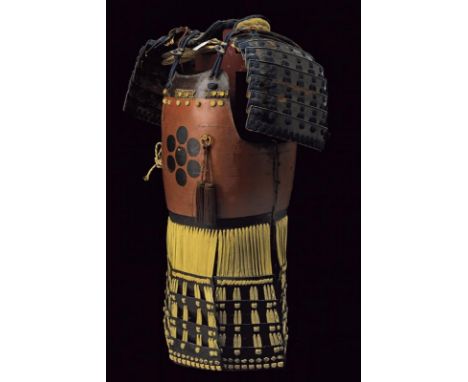 dating: 19th Century provenance: Japan, Iron do, lacquered with mon. Complete with kusazuri and a pair of sode. On a wooden d