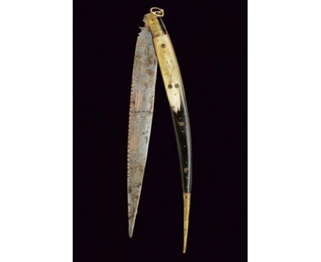 dating: 19th Century provenance: Spain, Straight, single-edged, folding blade, the back decorated with notches on one facet a