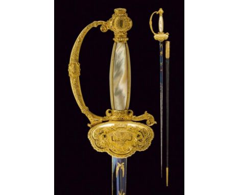 dating: circa 1800 provenance: Paris, Straight blade of triangular section, first part engraved and gilded on a blue ground w